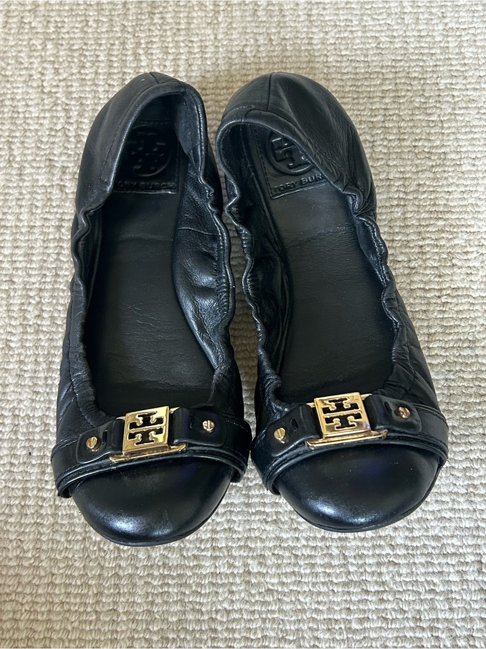 Tory Burch Black Leather Logo Ballet Flats with Gold Hardware